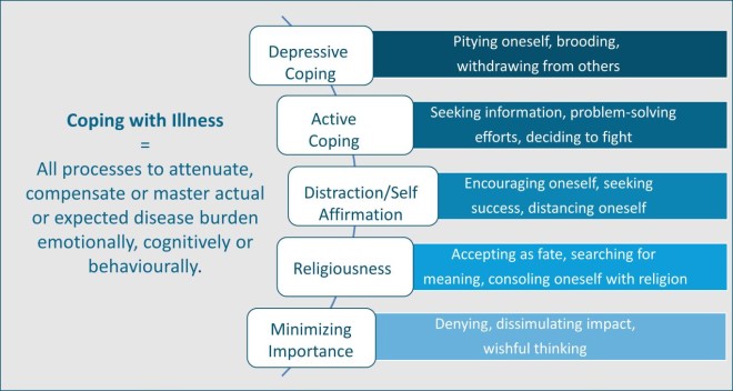 Figure 1: A classification of coping styles, as categorized in the Freiburg questionnaire on coping with illness, FK-LIS, used in the presented study. From: Muthny FA (1989) Freiburger Fragebogen zur Krankheitsverarbeitung. Beltz Test GmbH, Weinheim 